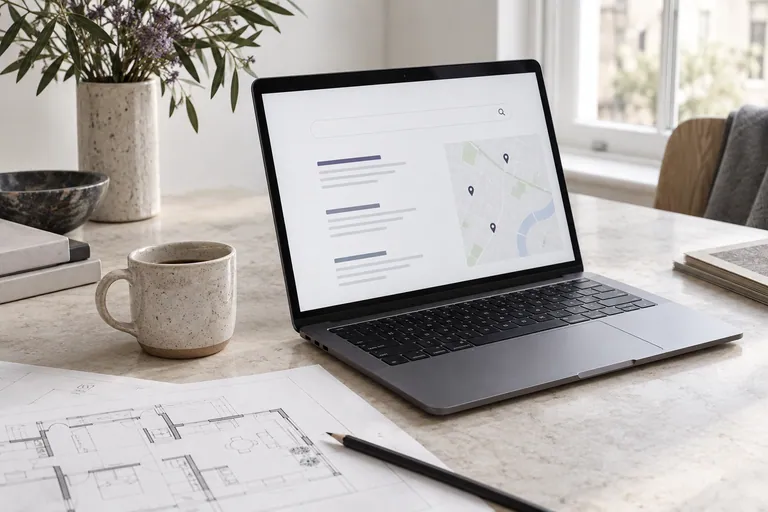 A laptop search layout beside a local business planning sheet.
